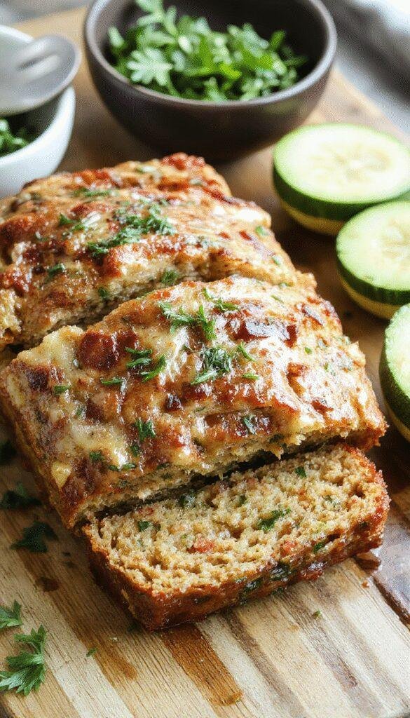 A freshly sliced zucchini loaf bread on a rustic wooden cutting board, garnished with a sprig of fresh herbs and a drizzle of honey.