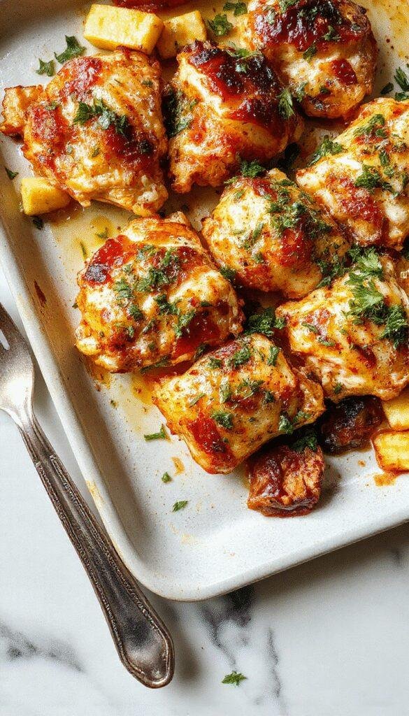 Colorful Hawaiian chicken sheet pan meal featuring golden-brown chicken pieces, pineapple chunks, and vibrant vegetables arranged on a rustic white plate with a tropical backdrop, garnished with fresh herbs and a drizzle of sauce