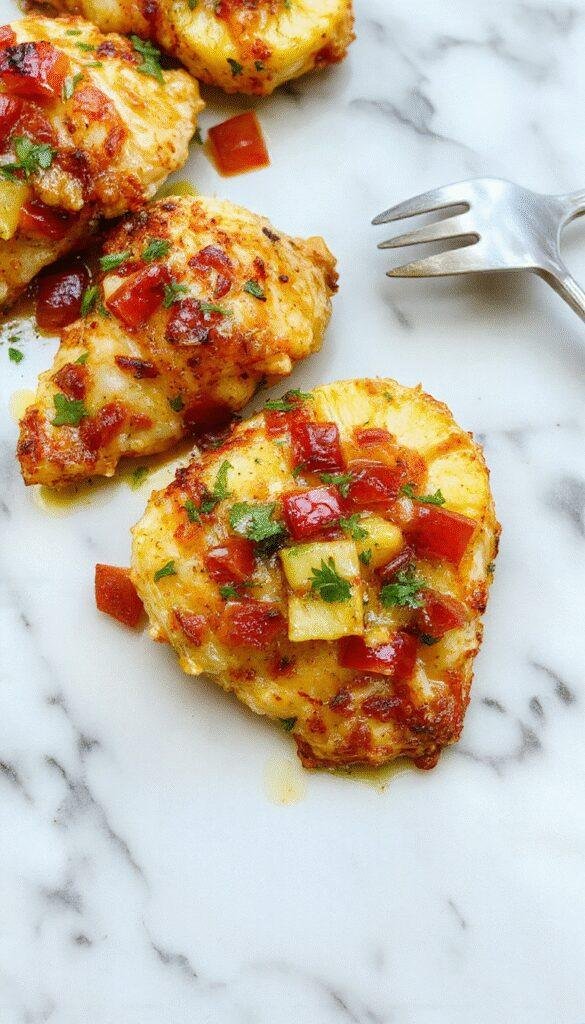 Colorful sheet pan Hawaiian chicken featuring golden-brown chicken thighs topped with juicy pineapple chunks, vibrant red and yellow bell peppers, and charred bits, all arranged on a rustic white platter with fresh cilantro garnish, creating an inviting and tropical culinary scene.