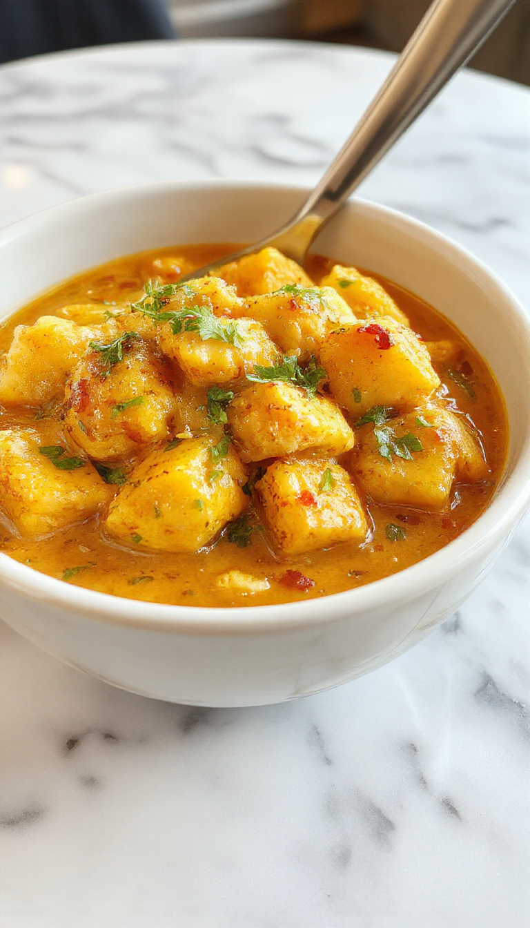 Vivid image of a bowl of mango chicken curry with vibrant orange and yellow hues, topped with fresh cilantro, served on a rustic wooden plate with steamed rice, garnished with mango slices and herbs, showcasing a rich, saucy texture and colorful presentation.