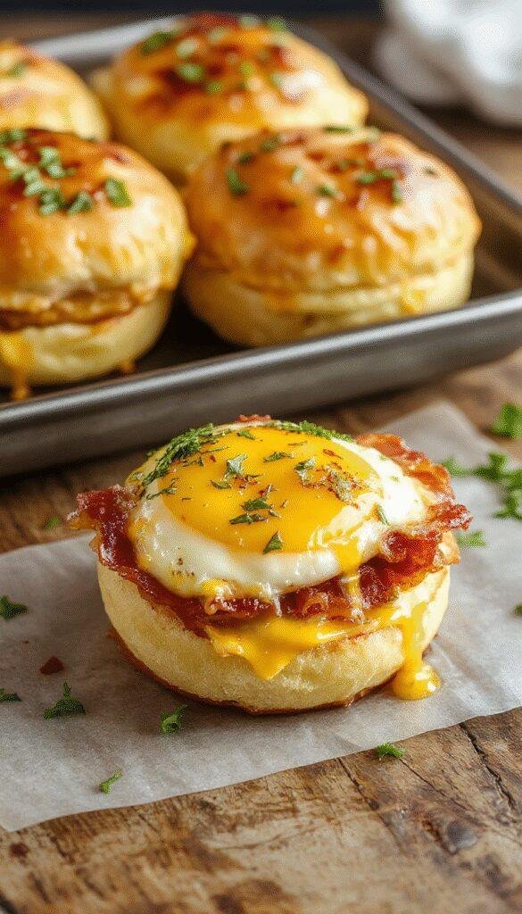 Close-up of savory bacon, fluffy scrambled eggs, melted cheese, and toasted slider buns arranged for breakfast. The ingredients look fresh and appetizing.