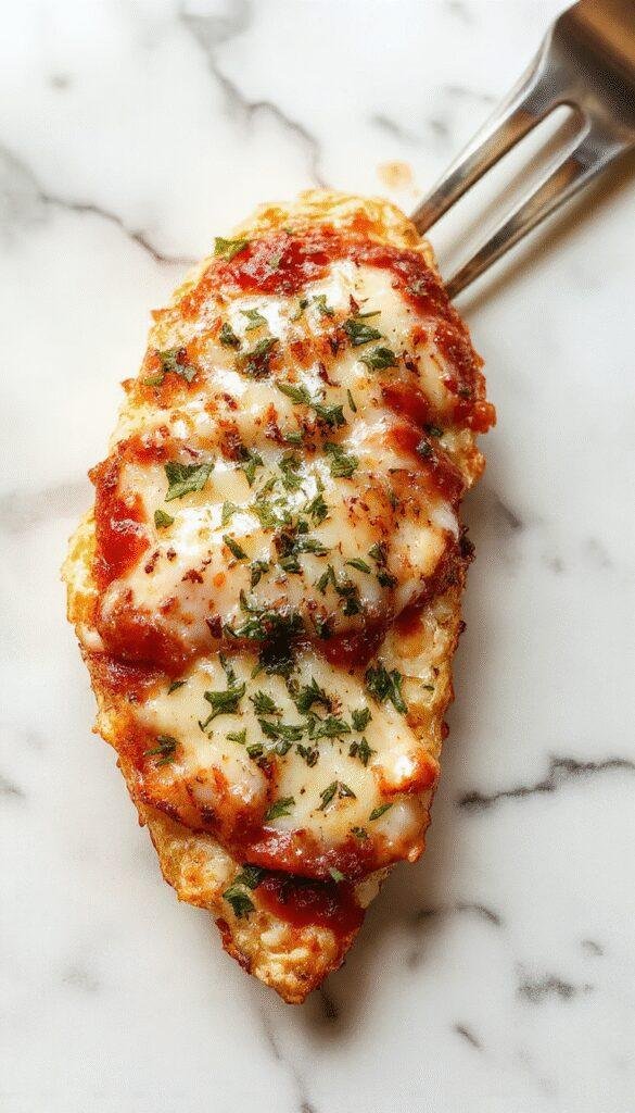 A golden-brown baked chicken parmesan sitting on a white plate topped with marinara sauce and melted mozzarella cheese, garnished with fresh basil leaves, with a side of spaghetti and a sprig of basil, vibrant red and green colors, appealing textures of crispy coating and gooey cheese, styled in a rustic setting with natural lighting.