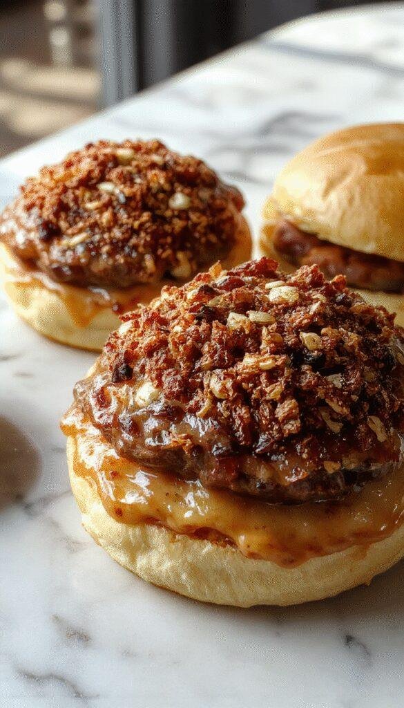 A close-up of a juicy crack burger layered with melted cheese, crispy bacon, fresh lettuce, tomato slices, and shiny pickles on a toasted bun, styled on a rustic wooden board with condiments around.
