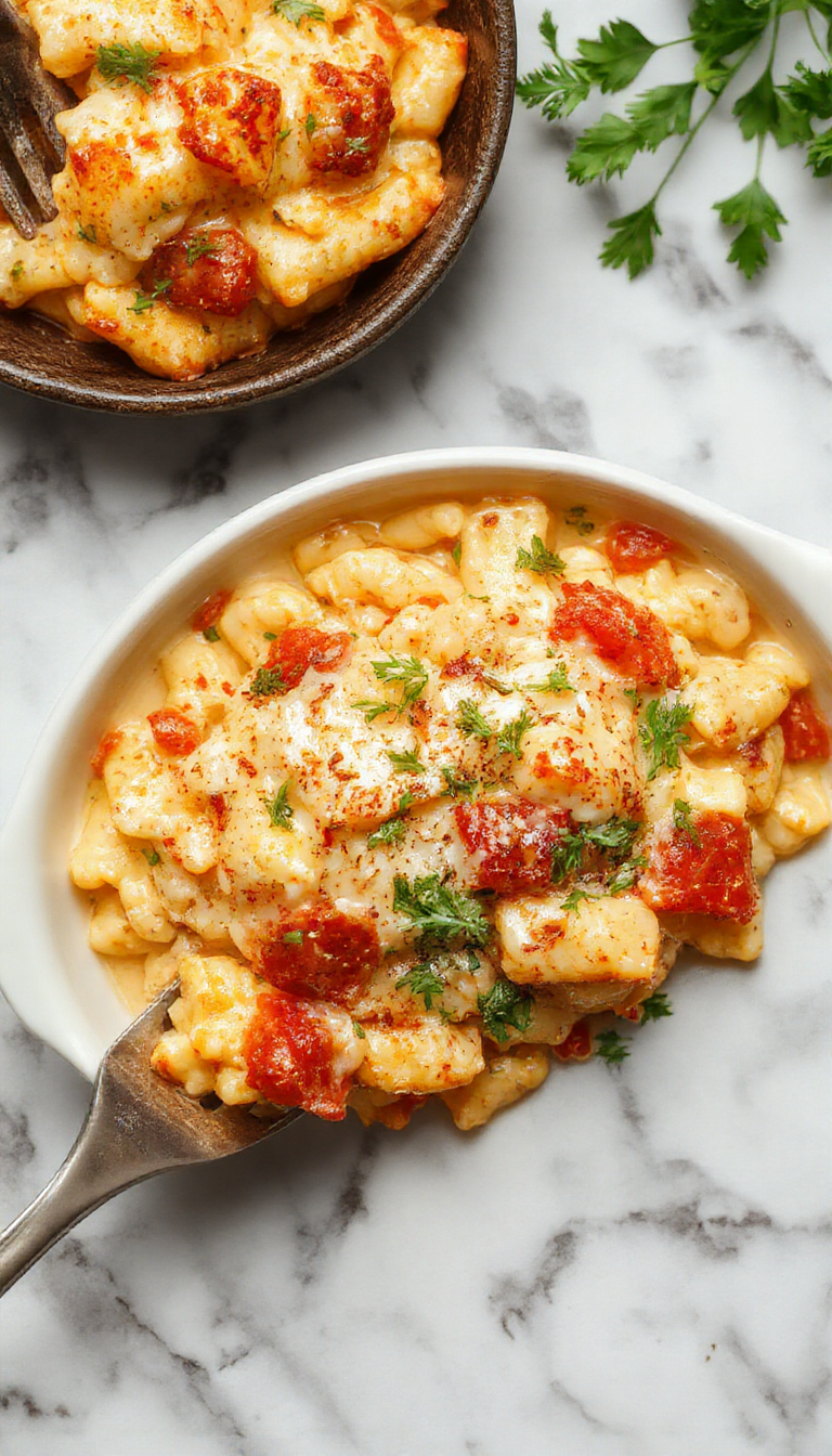 A vibrant bowl of creamy orzo pasta garnished with fresh herbs, bright cherry tomatoes, and grated cheese, styled on a rustic wooden table with a spoon for serving.