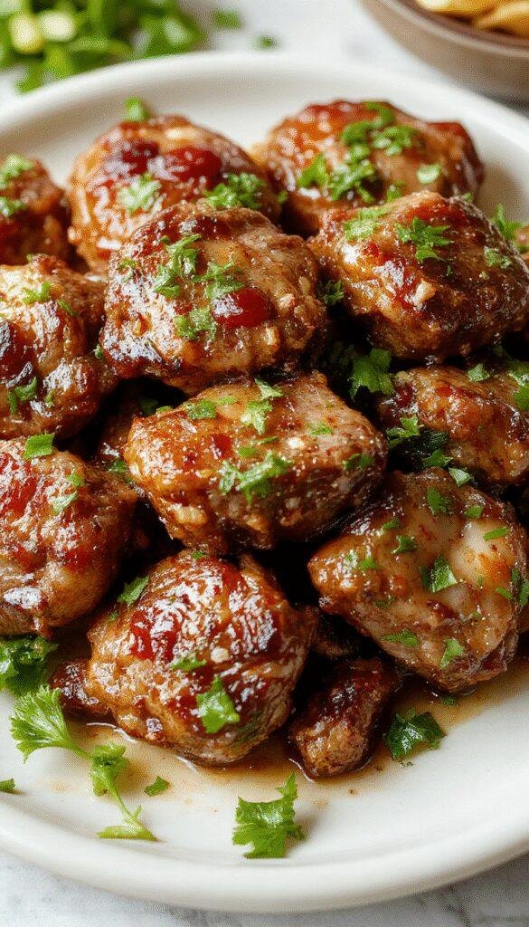 A plate of juicy garlic butter beef bites garnished with fresh herbs, served with roasted vegetables on a rustic wooden table.