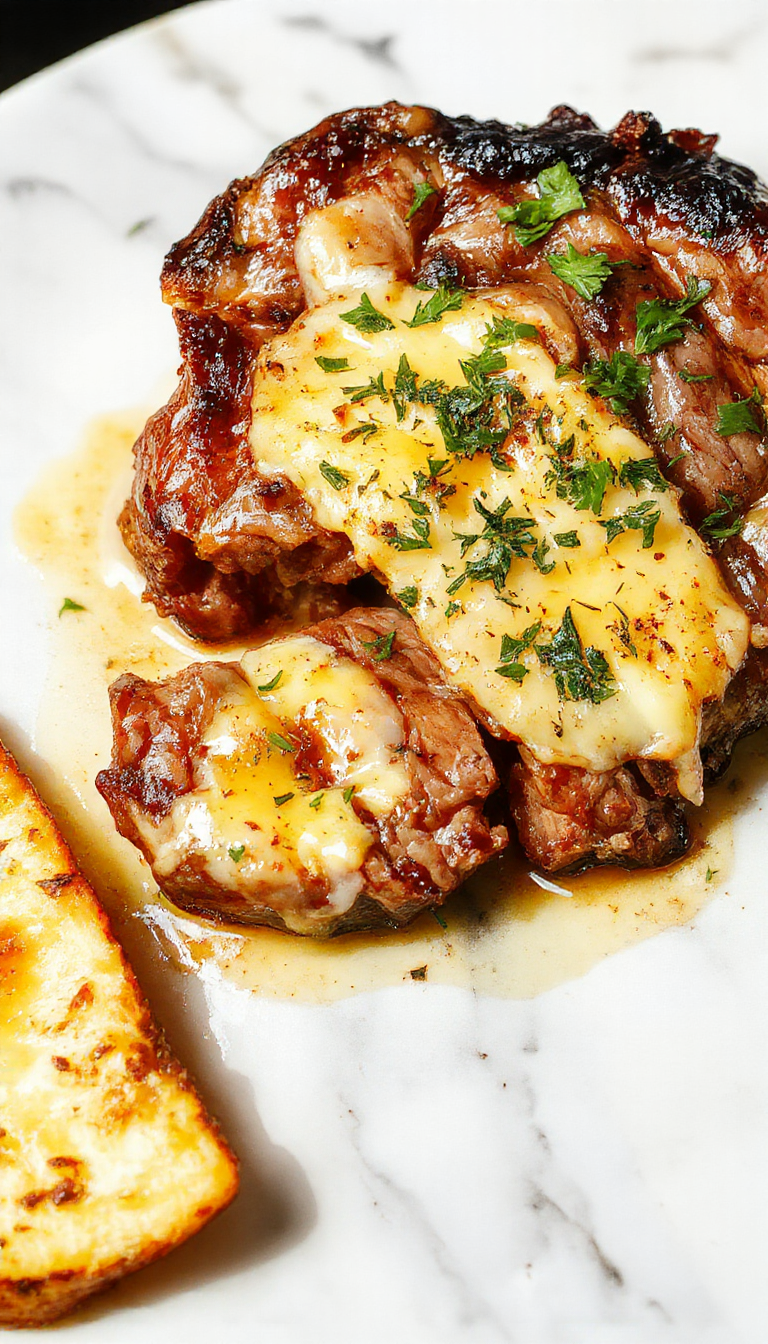 A close-up of a perfectly cooked beef steak topped with a generous pat of melted garlic butter, garnished with fresh herbs. The steak showcases a juicy, charred exterior with tender, succulent interior, plated on a rustic wooden surface with garlic cloves and sprigs of parsley for garnish, emphasizing rich textures and inviting colors.