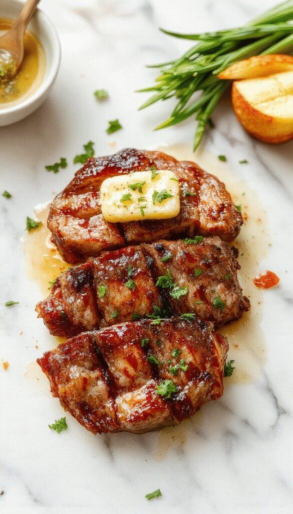 A close-up image of a perfectly cooked steak topped with melted garlic butter, garnished with fresh herbs, served on a stylish plate with a side of roasted vegetables, showcasing a glossy, seared crust and tender interior, with vibrant colors and inviting textures.