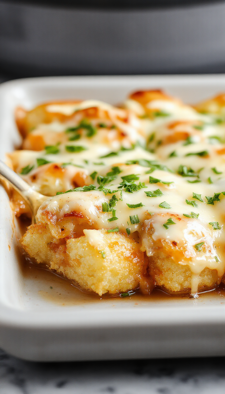 A hearty dish of Ultimate Homestyle Tater Tot Casserole in a rustic baking dish with golden crispy tater tots on top, surrounded by fresh ingredients.