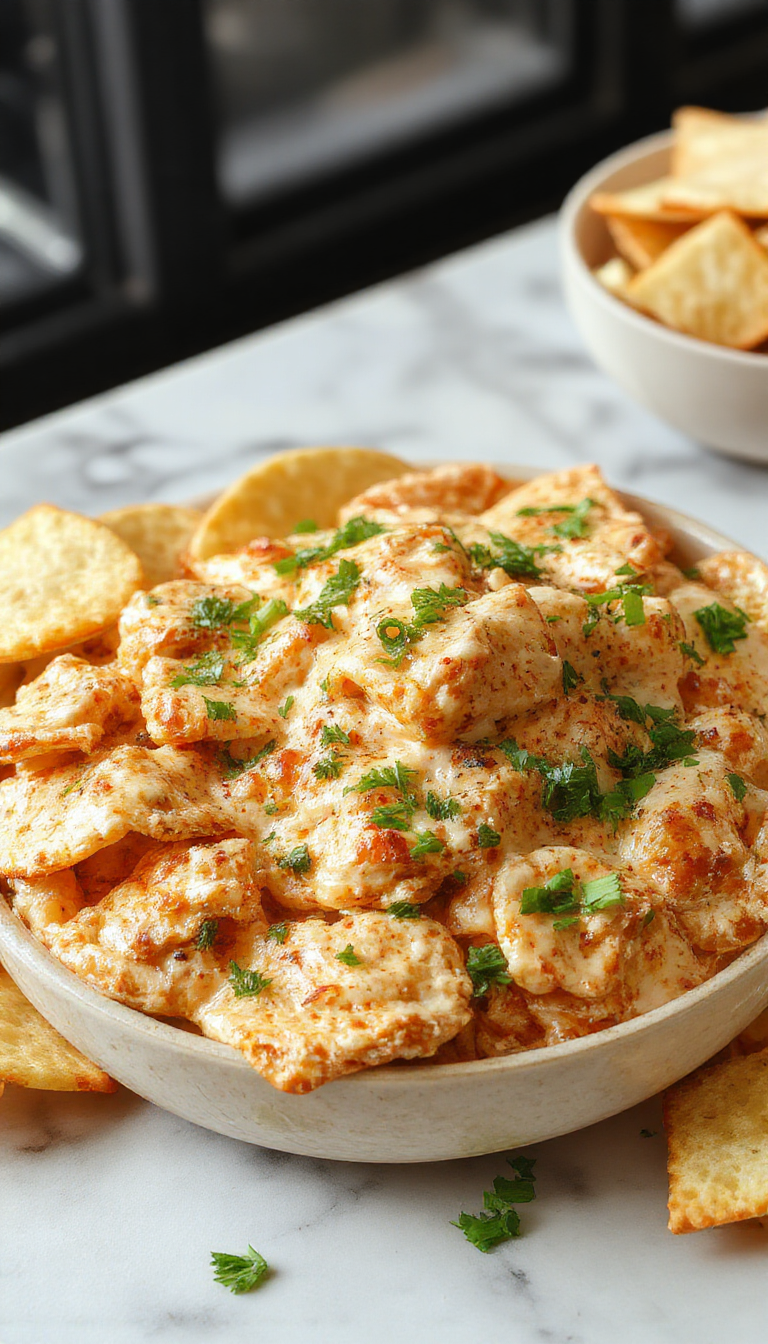 A vibrant bowl of creamy chicken dip topped with melted cheese and garnished with chopped herbs, surrounded by crispy chips on a rustic wooden table, showcasing a rich, cheesy texture with golden bubbling edges.