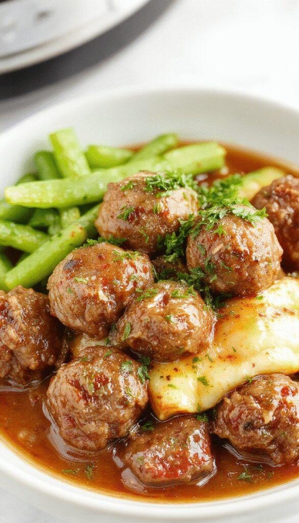 A steaming plate of tender Salisbury steak meatballs served with rich gravy and mashed potatoes, garnished with fresh parsley.