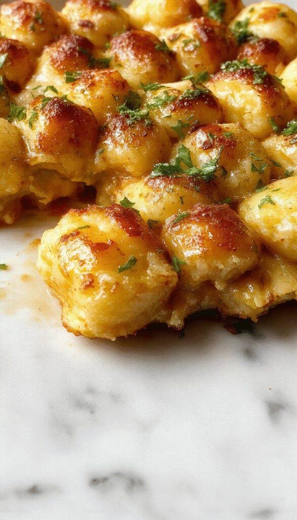 A colorful plate featuring a golden-brown crispy tater tot casserole topped with melted cheese and green herbs, served alongside fresh vegetables on a rustic wooden table.