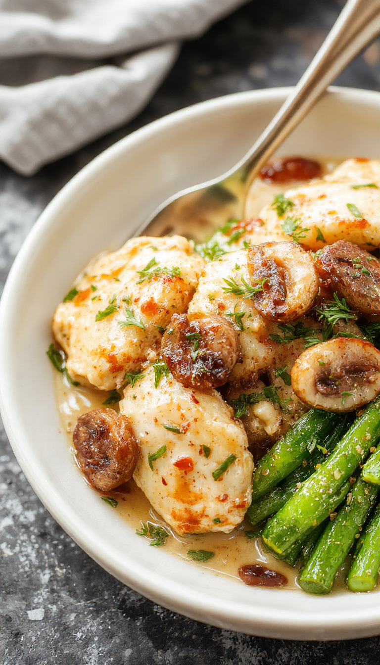 A plate of creamy mushroom chicken garnished with fresh herbs, served alongside mashed potatoes and steamed vegetables.