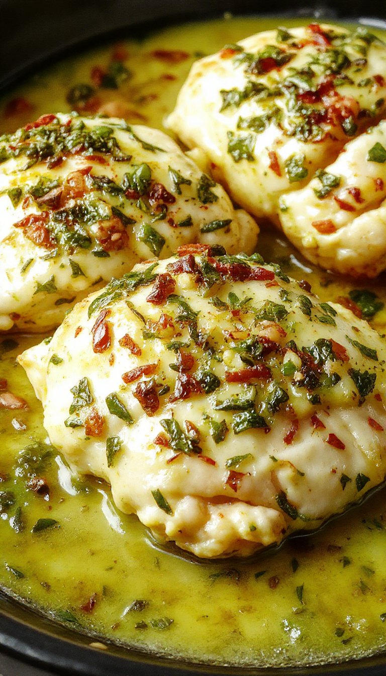 A plate of velvety pesto chicken garnished with fresh basil, served alongside roasted vegetables with a creamy sauce drizzled on top.