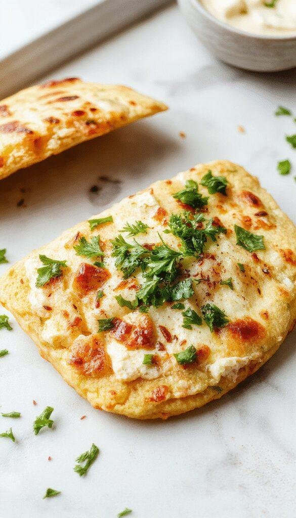 A delicious, golden-high protein cottage cheese flatbread topped with fresh vegetables and herbs, served on a rustic wooden table.