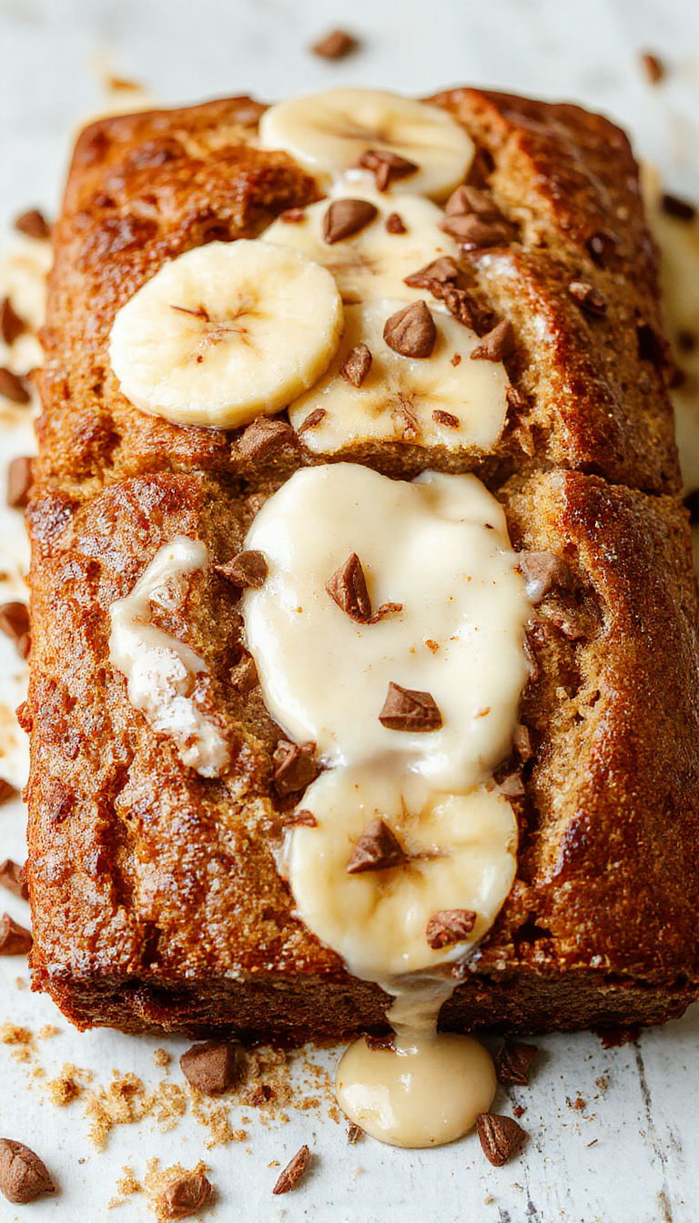 A slice of Greek yogurt banana bread garnished with sliced bananas and a drizzle of honey on a rustic wooden plate.