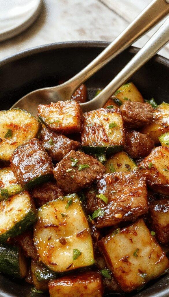 A vibrant zucchini beef stir-fry with tender slices of beef, colorful vegetables, and glossy sauce served in a modern bowl.