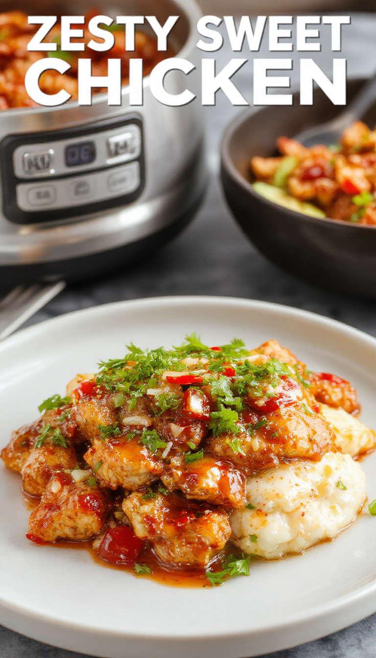 A vibrant plate of Zesty Asian Sweet Chili Chicken garnished with fresh herbs and colorful vegetables on a white ceramic plate.