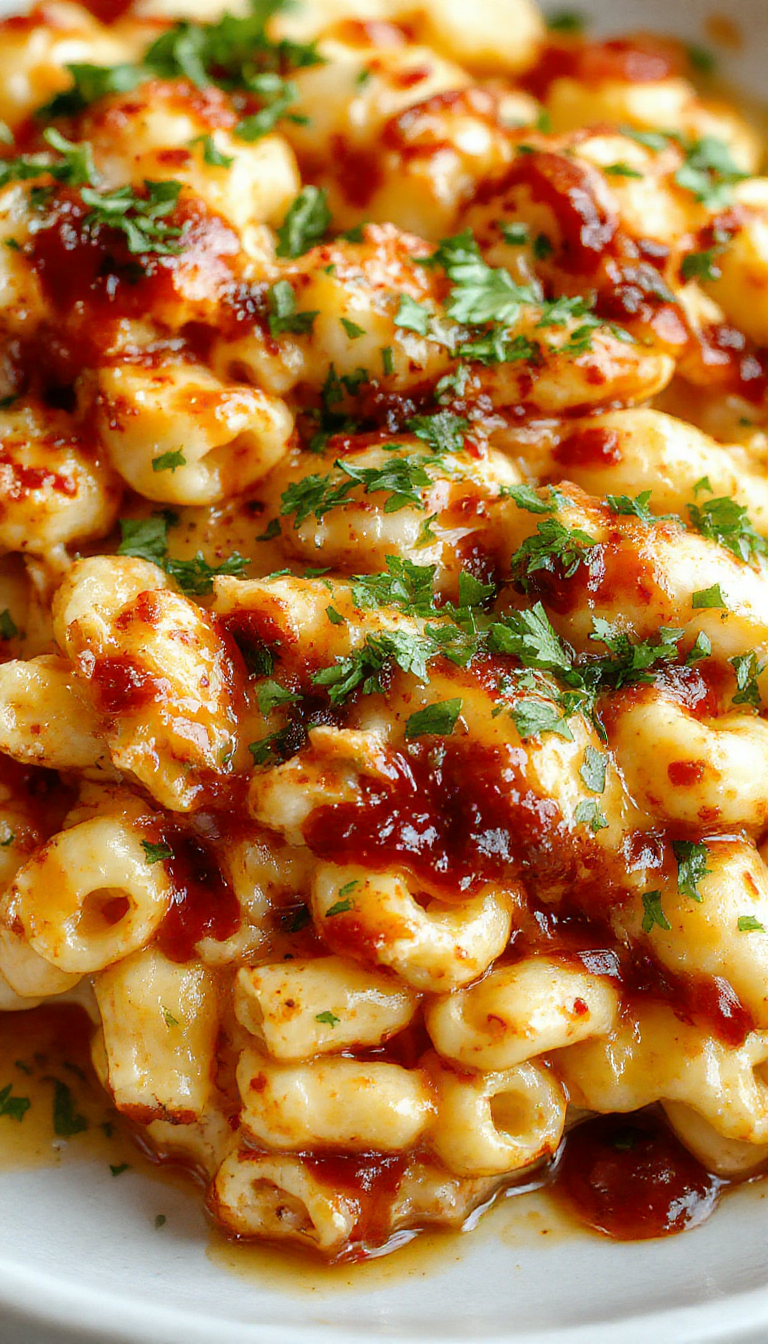 A vibrant bowl of Zesty BBQ Mac & Cheese topped with smoky grilled chicken and fresh herbs, showcasing creamy cheese, flavorful BBQ sauce, and savory chicken pieces.