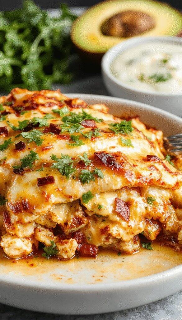 A vibrant Zesty Chicken Burrito Bake served in a baking dish, topped with melted cheese, fresh cilantro, and sliced jalapeños.