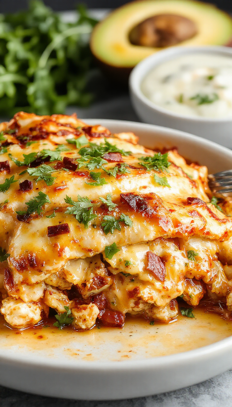 A vibrant Zesty Chicken Burrito Bake served in a baking dish, topped with melted cheese, fresh cilantro, and sliced jalapeños.