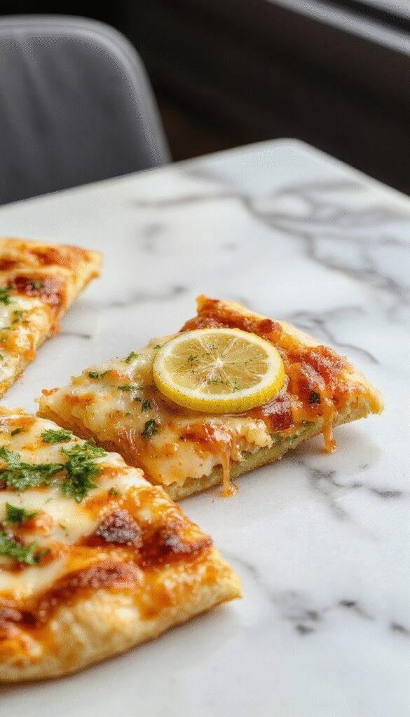 A vibrant lemon herb pizza featuring a golden crust topped with fresh green herbs, lemon slices, melted cheese, and a drizzle of olive oil, styled on a rustic wooden board with sprigs of herbs around.