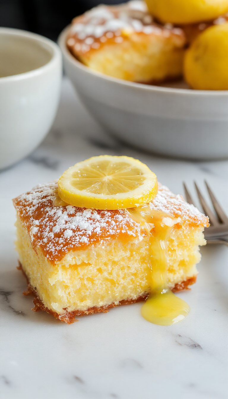 A vibrant lemon sponge pie with a golden-brown crust, topped with a glossy lemon glaze, garnished with fresh lemon slices and mint leaves, presented on a rustic wooden table with a slice partially served to reveal the fluffy lemon filling and light sponge texture.