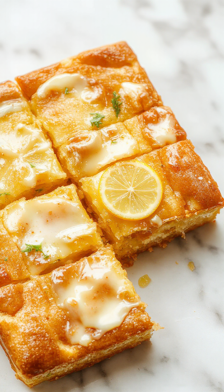 A vibrant lemon square with a golden crust topped with bright yellow lemon glaze, garnished with lemon slices and whipped cream.