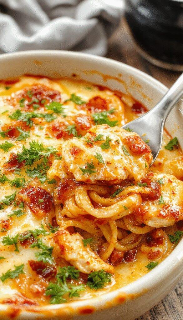 A comforting baked dish of Southern chicken spaghetti topped with melted cheese, garnished with fresh herbs, served in a casserole dish.