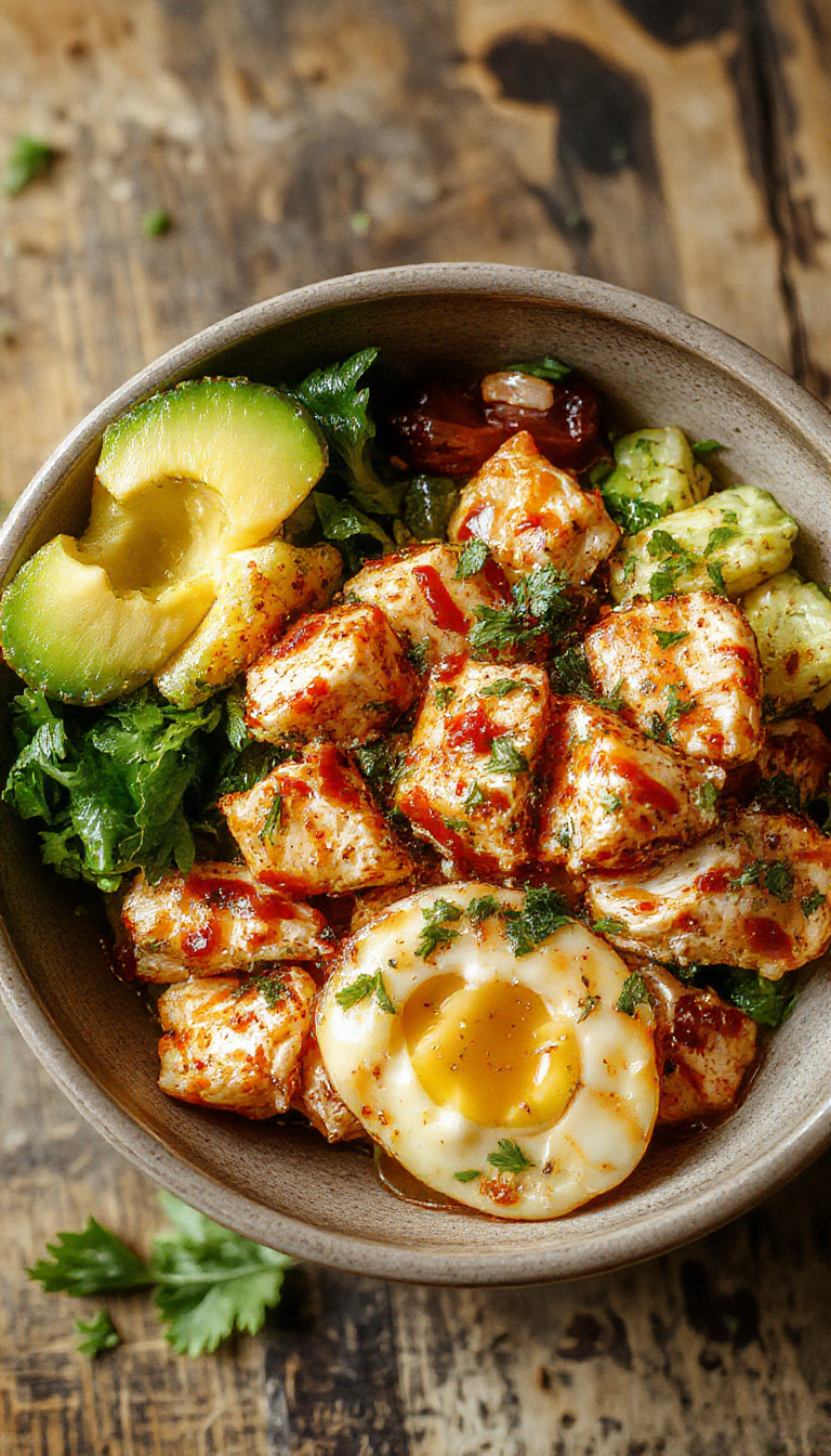 A vibrant Zesty Sriracha Chicken Power Bowl topped with fresh vegetables, herbs, and a drizzle of spicy sriracha sauce, served in a stylish bowl.