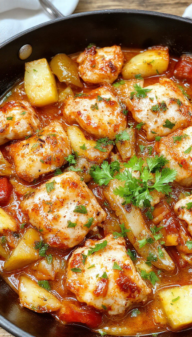 A vibrant skillet dish featuring cooked turkey, colorful bell peppers, and fresh herbs on a rustic plate.