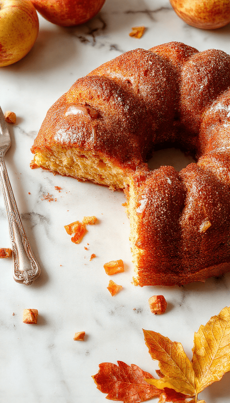 A sliced golden-brown apple cider pound cake topped with crunchy caramelized apple slices and a drizzle of caramel sauce, presented on a rustic wooden platter with cinnamon sticks and fresh apples in the background, with a soft autumnal glow highlighting the textures and warm tones.