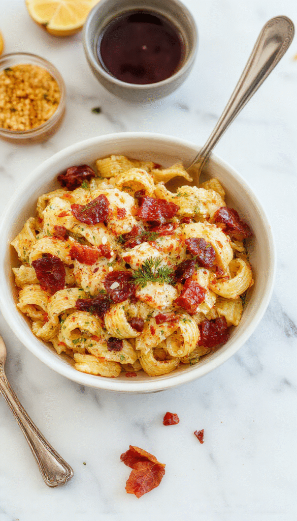 A vibrant bowl of fall harvest pasta salad featuring colorful cherry tomatoes, crisp green spinach, tender pasta, crunchy walnuts, and crumbled feta cheese, garnished with fresh herbs, set on a rustic wooden table with autumn leaves in the background.