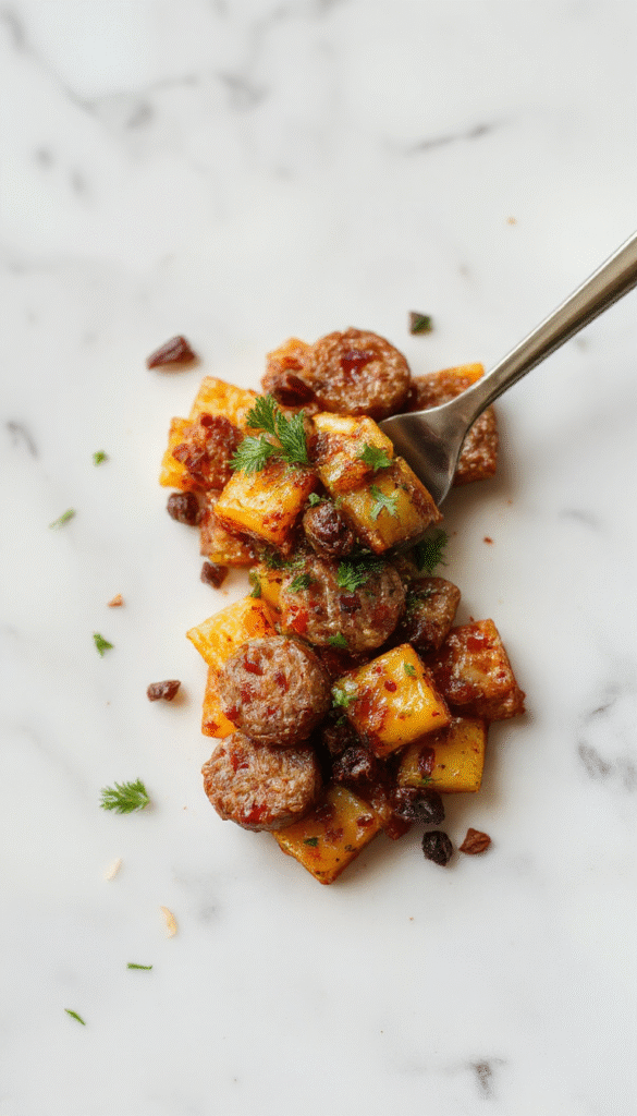 A vibrant plate featuring roasted butternut squash filled with hearty sausage, topped with fresh herbs and melted cheese, surrounded by colorful fall leaves, with a rustic wooden background and a drizzle of sauce for a cozy autumn vibe.
