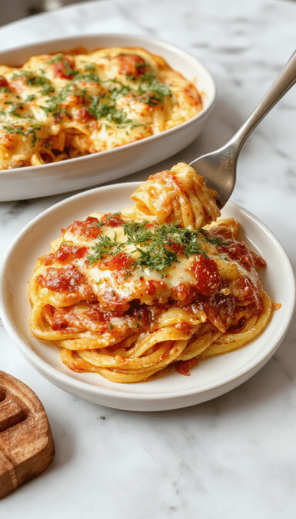 A golden baked spaghetti casserole topped with bubbling melted cheese and fresh chopped herbs on a rustic white plate, garnished with parsley. The dish shows layers of tender spaghetti coated in rich creamy sauce, with crispy edges and a cheesy, gooey texture. The background features a warm, inviting wooden table with a linen napkin and a fork ready to dig in, evoking a cozy home-cooked vibe.