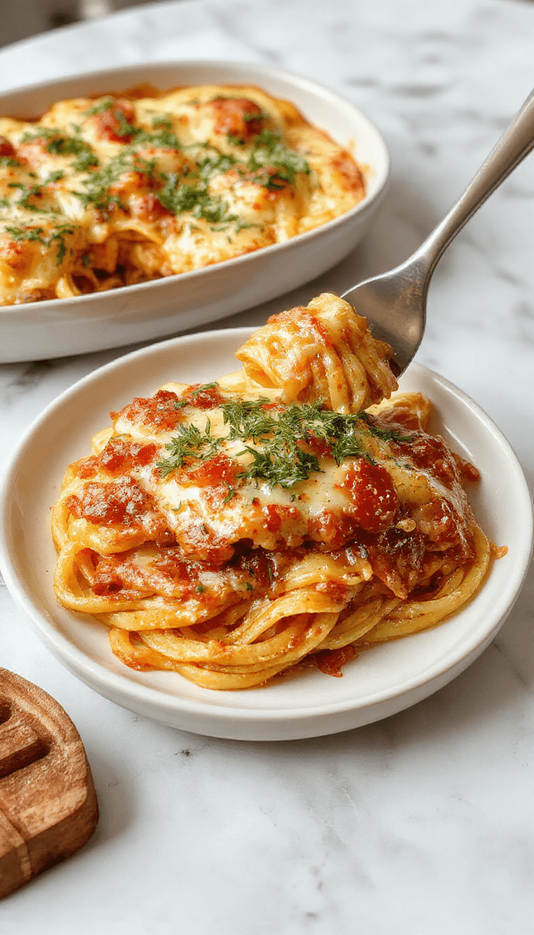 A golden baked spaghetti casserole topped with bubbling melted cheese and fresh chopped herbs on a rustic white plate, garnished with parsley. The dish shows layers of tender spaghetti coated in rich creamy sauce, with crispy edges and a cheesy, gooey texture. The background features a warm, inviting wooden table with a linen napkin and a fork ready to dig in, evoking a cozy home-cooked vibe.