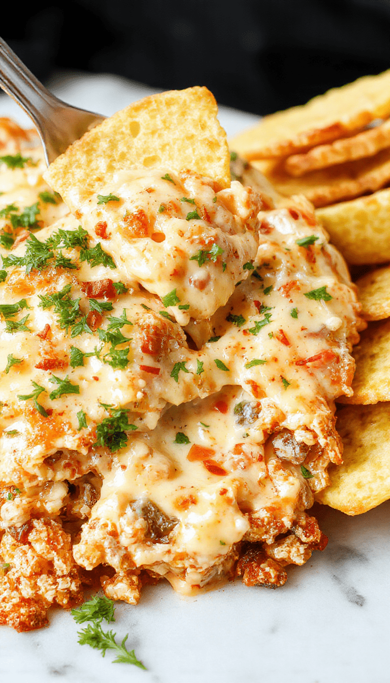 A vibrant, close-up view of a creamy, cheesy Texas Trash Dip in a white bowl, topped with crispy bacon bits and chopped green onions, set on a rustic wooden table with tortilla chips around it, showcasing its gooey melted cheese texture and colorful toppings.