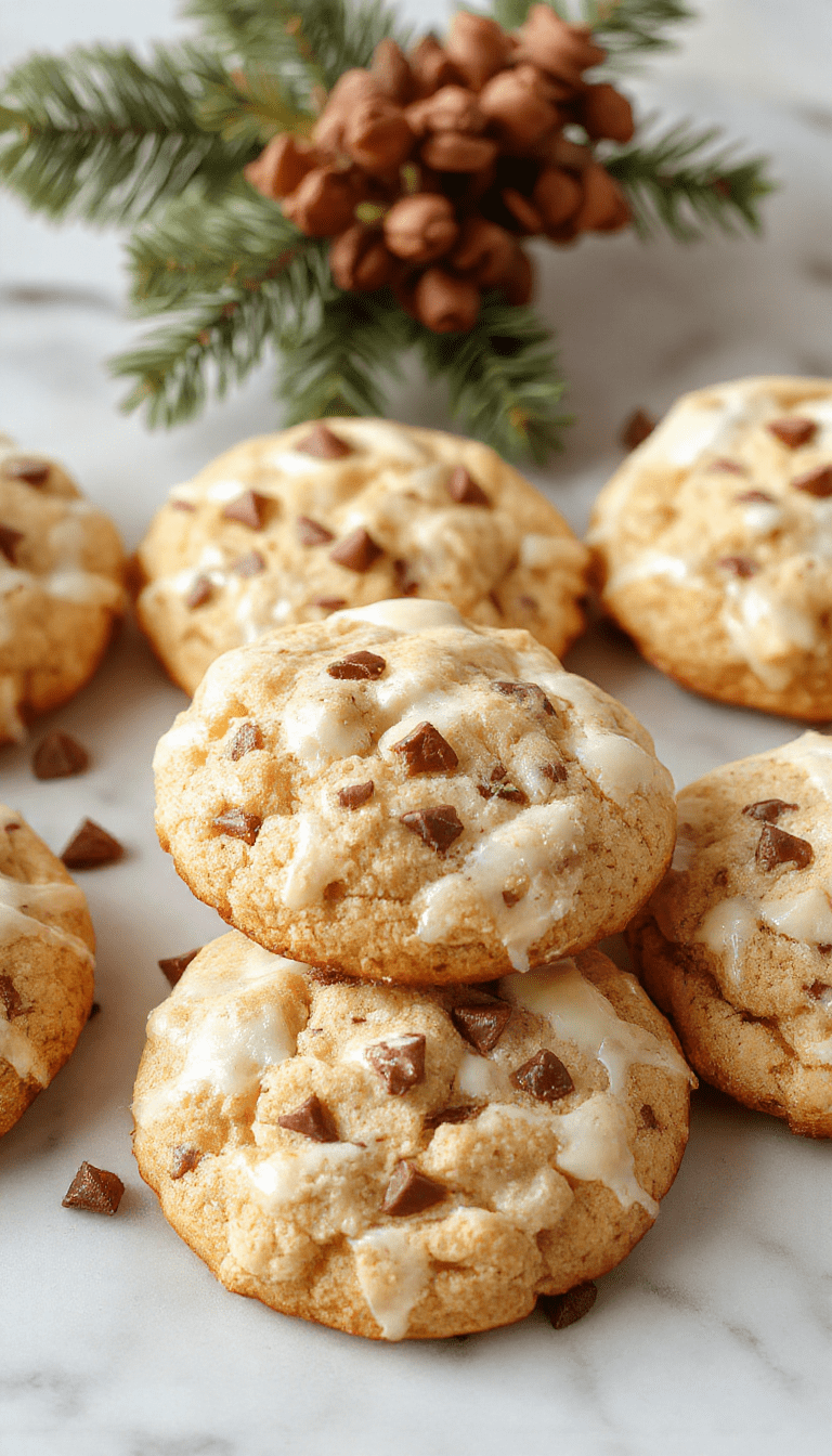 Close-up of a festive plate featuring glossy white chocolate dipped chewy maple cookies, dusted with powdered sugar, arranged on a rustic wooden surface with pine sprigs and red berries, showcasing their golden-brown edges and smooth white chocolate coating with a crunchy texture.