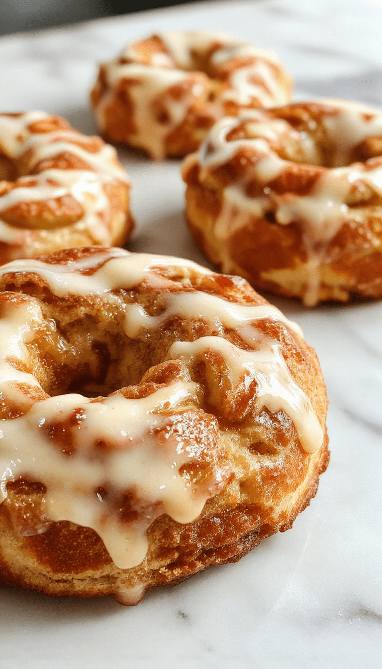 A beautifully plated apple kringle with a golden, flaky crust topped with a glossy vanilla glaze, slices revealing tender apple filling, garnished with a dusting of powdered sugar and a sprig of fresh mint, styled on a rustic wooden board with a cozy warm background