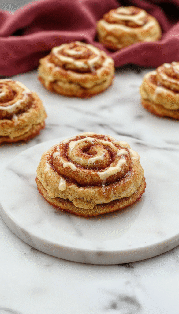 A close-up of golden-brown cinnamon roll cookies arranged on a rustic white plate, topped with a drizzle of cream cheese glaze, showcasing their soft, flaky texture and cinnamon swirls, with a cozy, homely background.