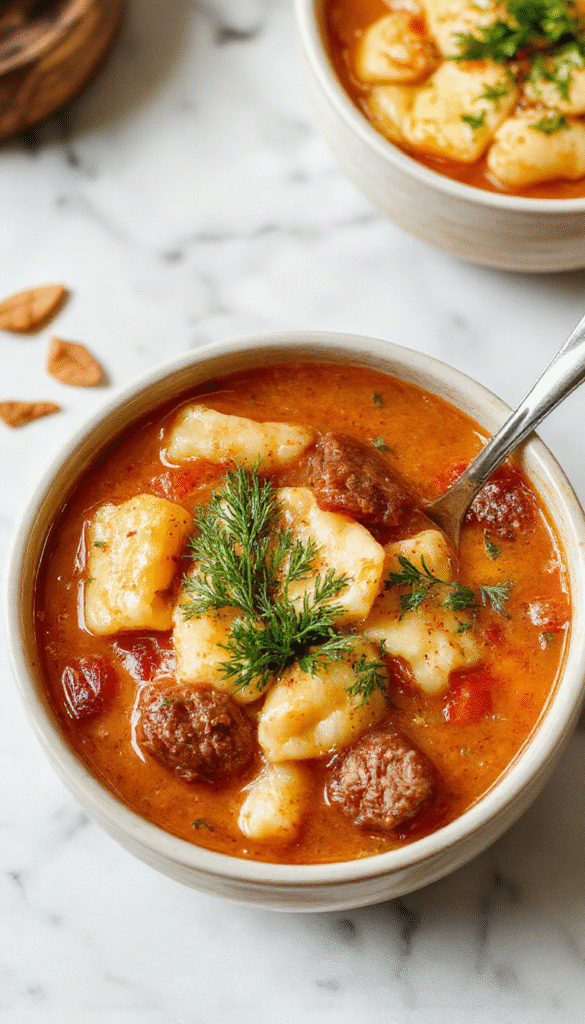 A steaming bowl of autumn tortellini soup with sausage on a rustic wooden table. The soup has colorful vegetables, tender tortellini, and sausage slices, garnished with fresh herbs. The background features a cozy fall setting with a napkin and a spoon, emphasizing warm and comforting textures and vibrant fall colors.