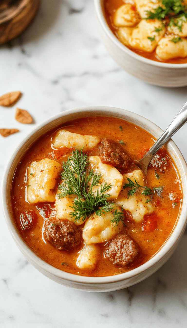 A steaming bowl of autumn tortellini soup with sausage on a rustic wooden table. The soup has colorful vegetables, tender tortellini, and sausage slices, garnished with fresh herbs. The background features a cozy fall setting with a napkin and a spoon, emphasizing warm and comforting textures and vibrant fall colors.