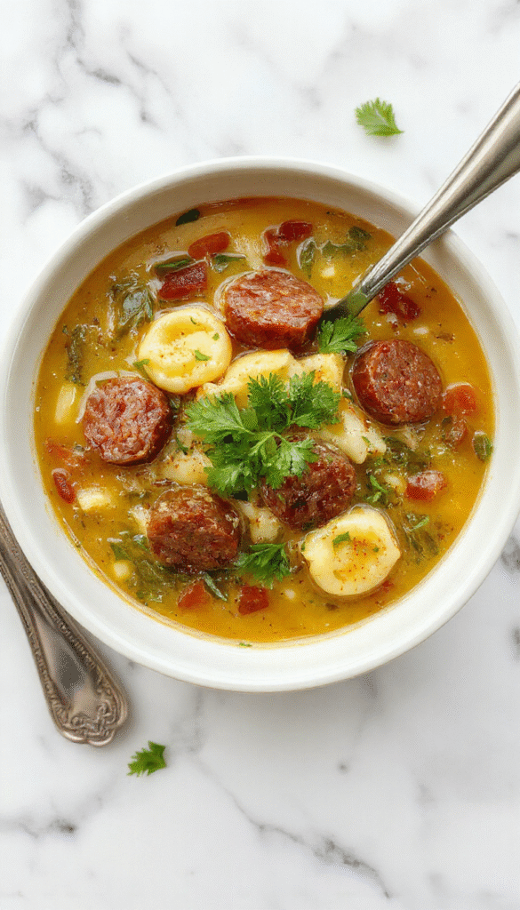 A warm bowl of autumn tortellini soup with slices of sausage, topped with fresh herbs. The soup has a rich, hearty broth with colorful fall vegetables and plump tortellini, presented in a rustic white bowl on a wooden table with a sprig of parsley and a bread roll on the side.