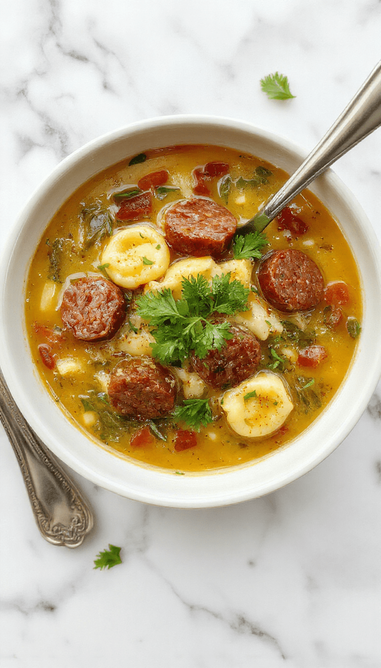 A warm bowl of autumn tortellini soup with slices of sausage, topped with fresh herbs. The soup has a rich, hearty broth with colorful fall vegetables and plump tortellini, presented in a rustic white bowl on a wooden table with a sprig of parsley and a bread roll on the side.