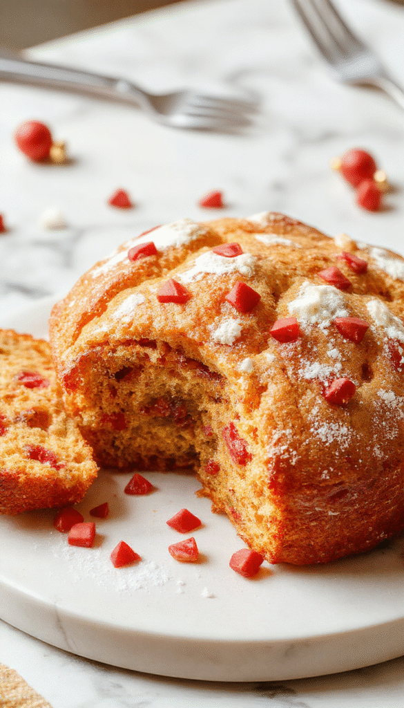 A beautifully plated festive Christmas bread featuring a golden-brown crust with decorative icing and sprinkles, garnished with holly and berries, styled on a rustic wooden table with holiday decor in the background