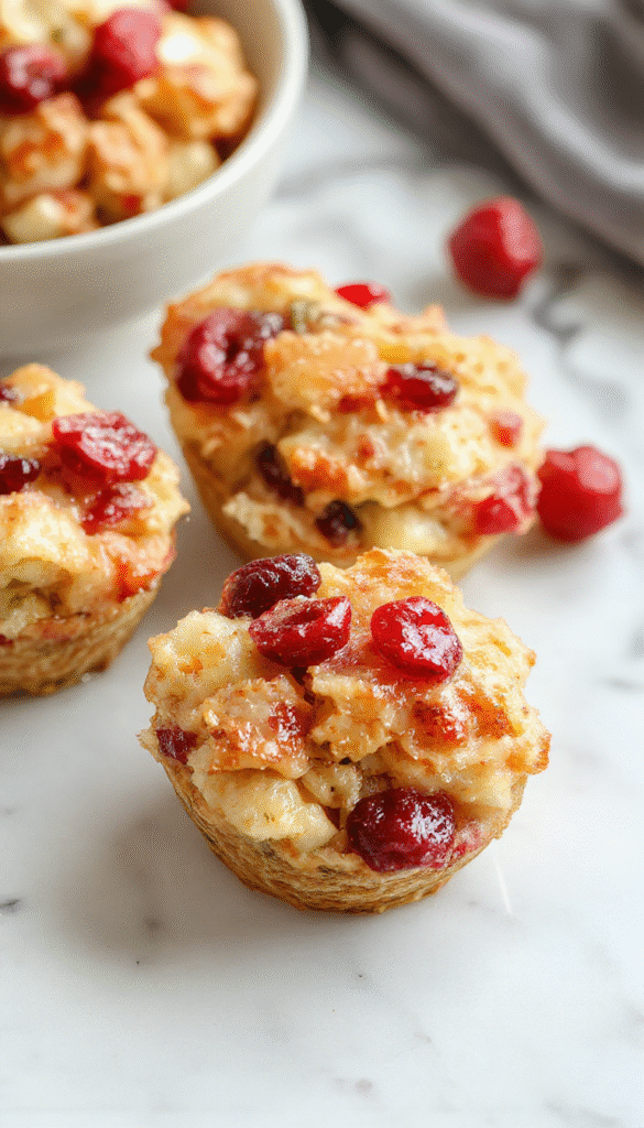 Colorful cranberry turkey stuffing balls on a rustic wooden platter, garnished with fresh herbs and drizzled with a glaze. The balls are golden brown and textured, showcasing bits of cranberries and herbs inside, arranged artfully with a festive backdrop of autumn leaves and small serving dishes.