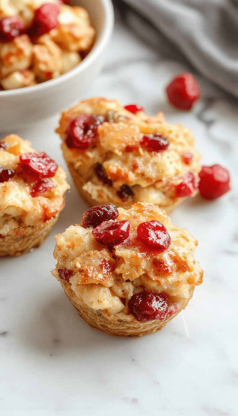 Colorful cranberry turkey stuffing balls on a rustic wooden platter, garnished with fresh herbs and drizzled with a glaze. The balls are golden brown and textured, showcasing bits of cranberries and herbs inside, arranged artfully with a festive backdrop of autumn leaves and small serving dishes.