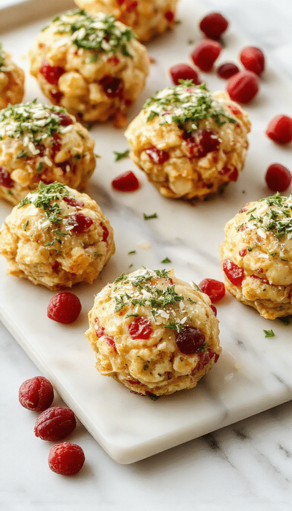 A plate of golden-brown stuffing balls generously coated with glistening cranberries, garnished with fresh herbs, arranged artfully on a rustic white platter against a festive wooden background, with hints of cranberry sauce drizzled artistically nearby, showcasing a crispy textured surface and vibrant red cranberries.