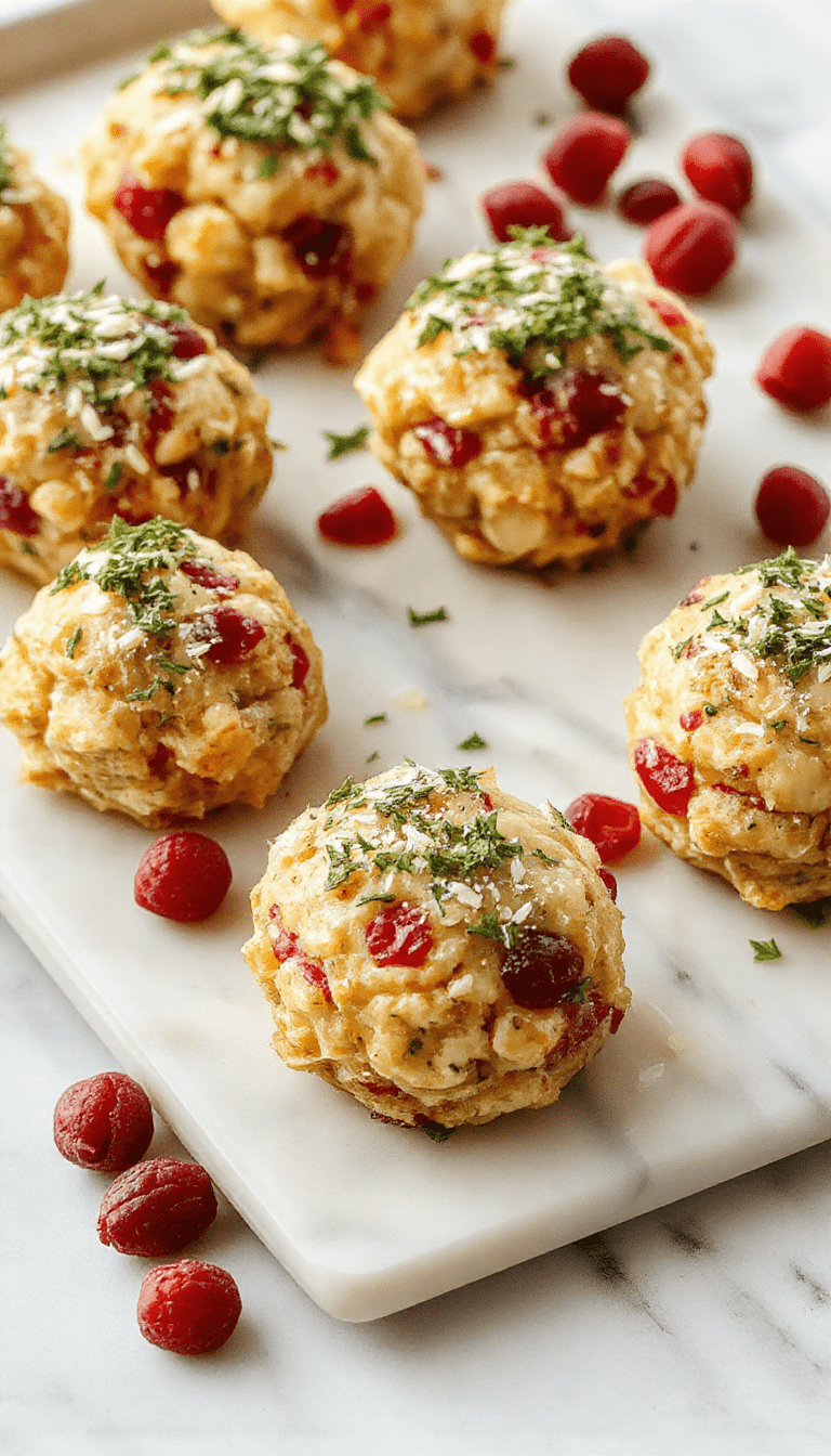 A plate of golden-brown stuffing balls generously coated with glistening cranberries, garnished with fresh herbs, arranged artfully on a rustic white platter against a festive wooden background, with hints of cranberry sauce drizzled artistically nearby, showcasing a crispy textured surface and vibrant red cranberries.