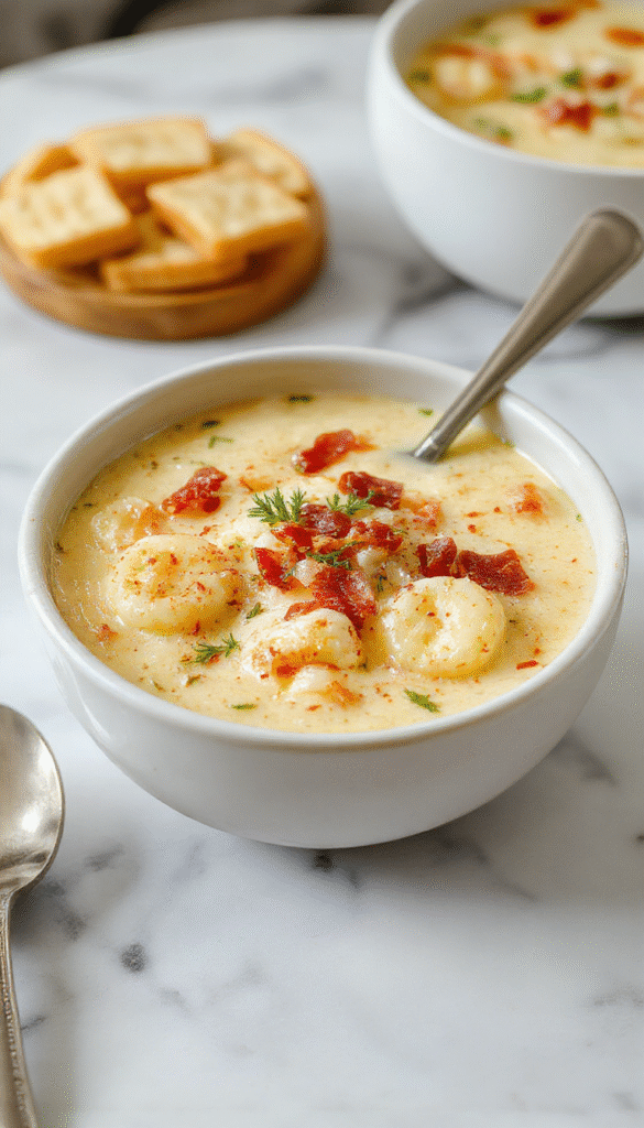 A steaming bowl of creamy bacon cheddar gnocchi soup garnished with crispy bacon bits and shredded cheddar cheese, surrounded by fresh herbs on a rustic wooden table