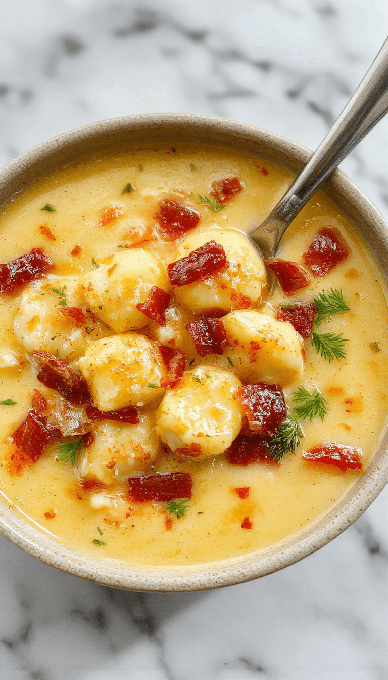 A warm bowl of creamy bacon cheddar gnocchi soup topped with crispy bacon bits and melted cheddar cheese, served in a rustic bowl with fresh herbs and a spoon placed beside the vibrant orange and white soup, showcasing the rich textures and cheesy toppings.